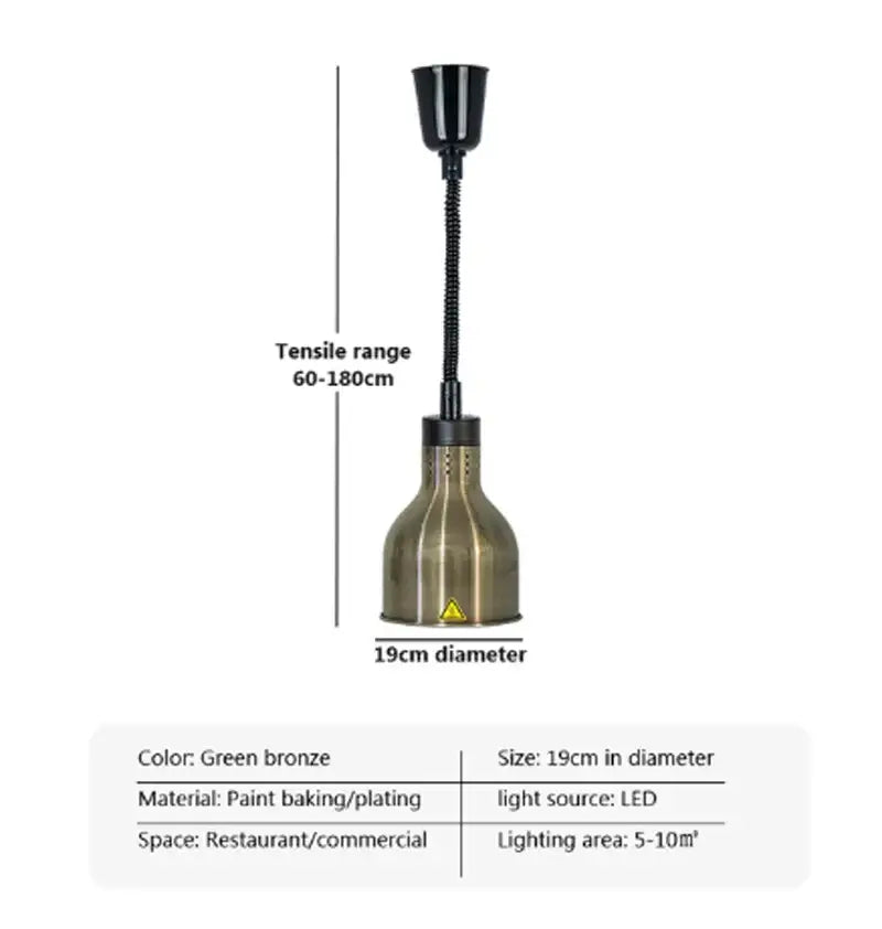 Industrial copper electric food heat lamp with green bronze paint finish and flexible gooseneck for commercial use