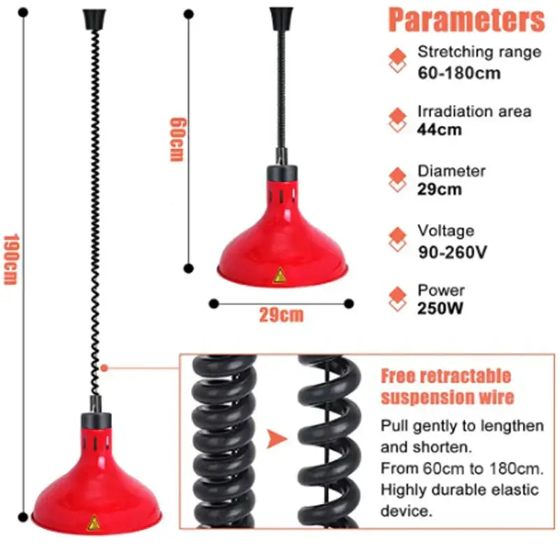 Industrial copper electric food heat lamp with red 250w bulb and black retractable spiral suspension wire for kitchen use