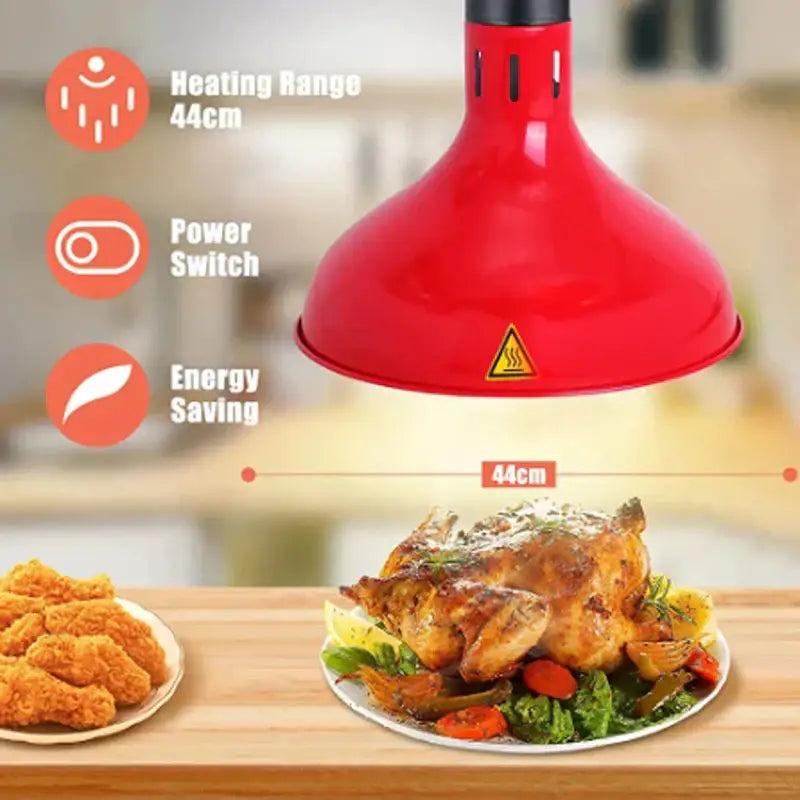 Red glossy copper electric food heat lamp with black handle and warning label for industrial kitchen use