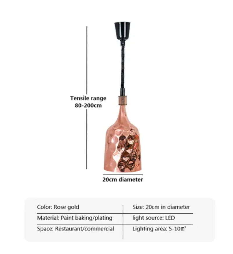 Rose gold hammered electric food heat lamp pendant light with black flexible neck and led bulb for commercial use