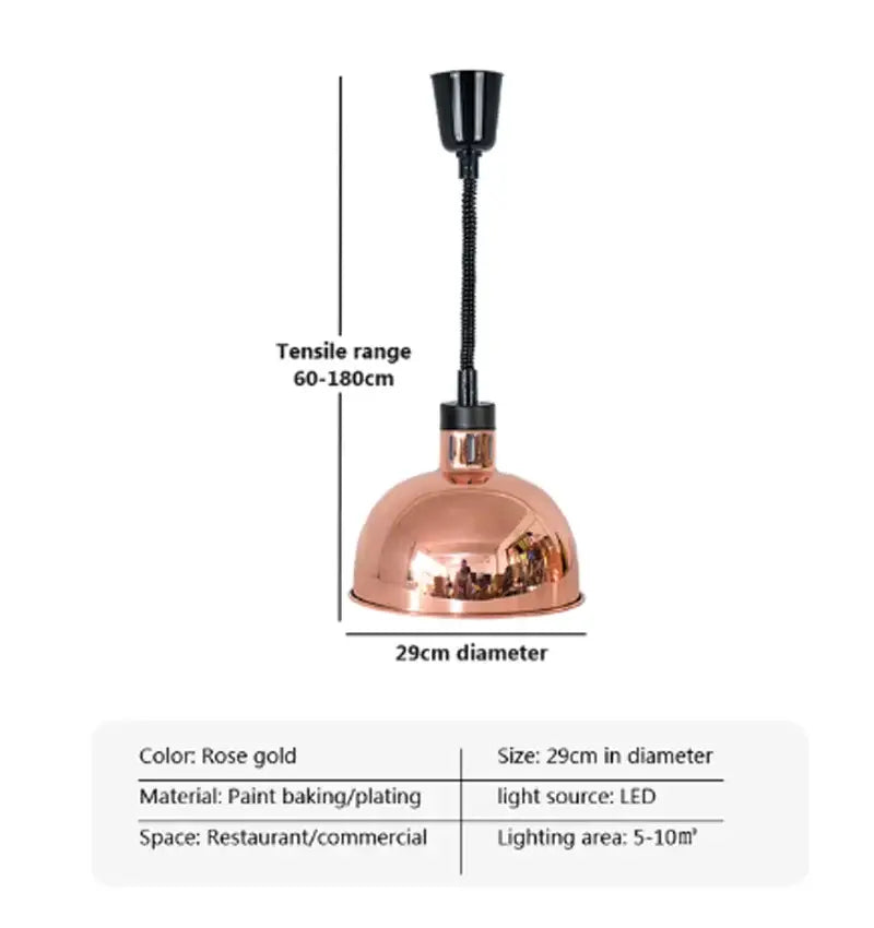 Rose gold copper dome electric food heat lamp pendant light with black flexible gooseneck and led bulb for kitchen use