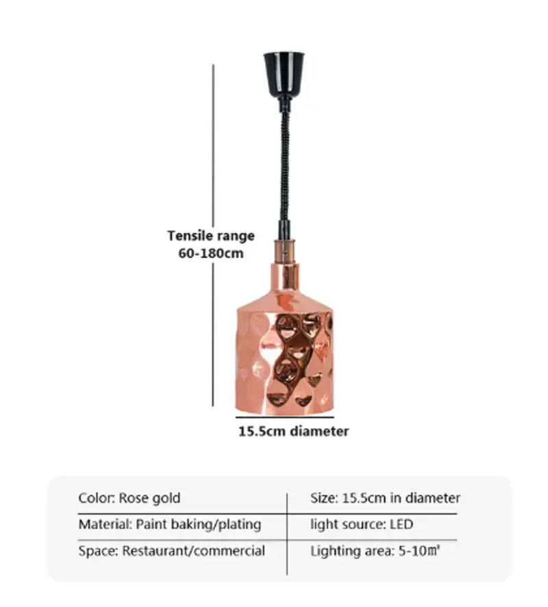 Rose gold hammered metal electric food heat lamp pendant light with black flexible neck and LED bulb for commercial use