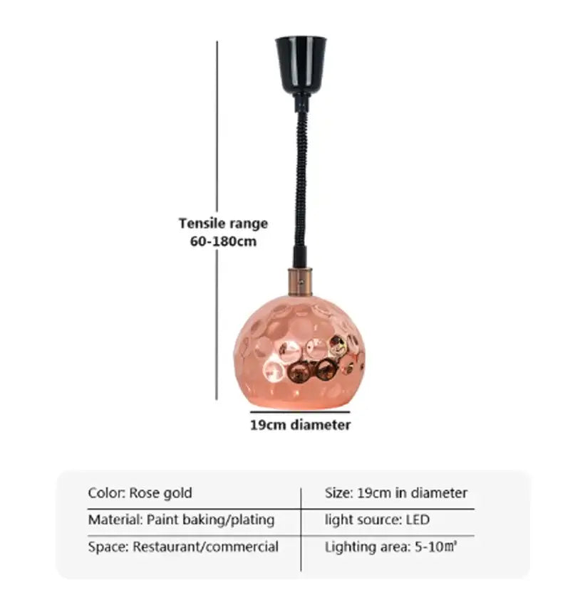 Rose gold hammered glass industrial copper electric food heat lamp pendant light with led bulb and flexible black stem