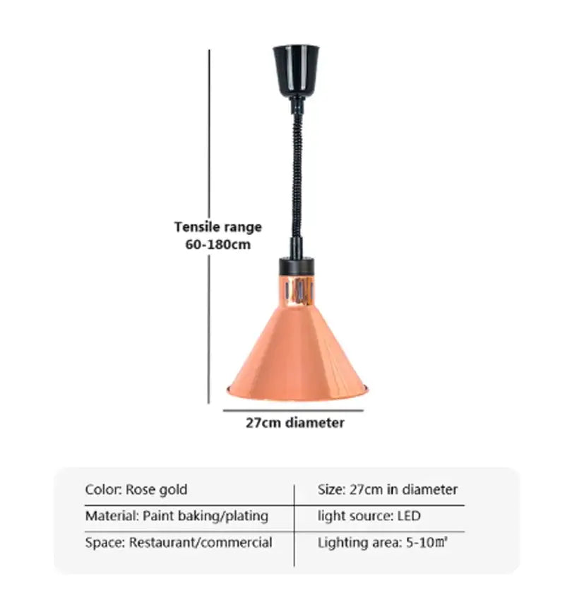 Rose gold cone-shaped electric food heat lamp pendant light with flexible black gooseneck for commercial lighting