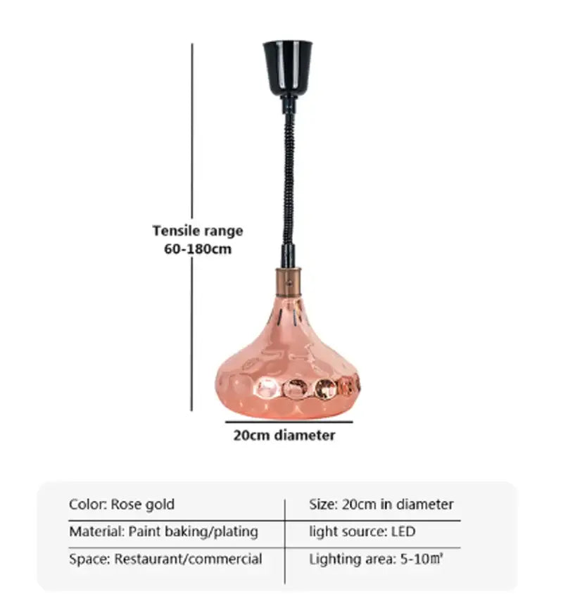 Rose gold industrial copper electric food heat lamp with hammered glass shade and black flexible neck pendant light