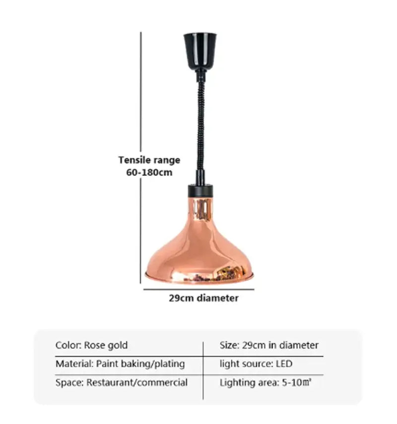 Rose gold copper industrial electric food heat lamp with black flexible gooseneck and led bulb for commercial use