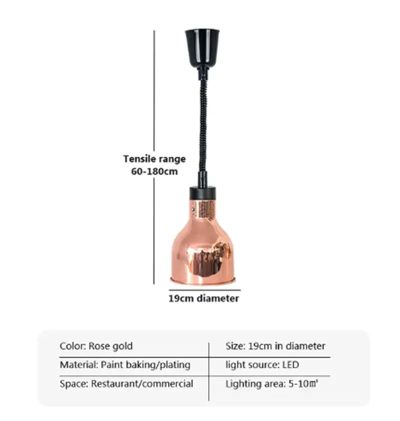 Rose gold electric food heat pendant light with sleek cylindrical design and flexible black neck for adjustable positioning