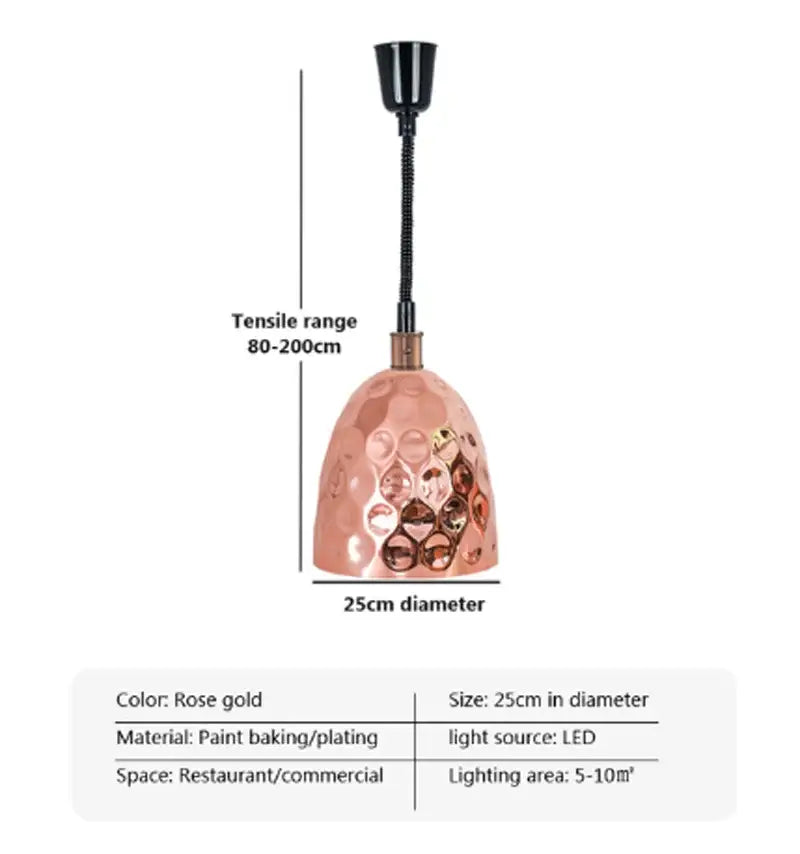 Rose gold hammered dome pendant electric food heat lamp with led bulb and flexible black stem for kitchen use