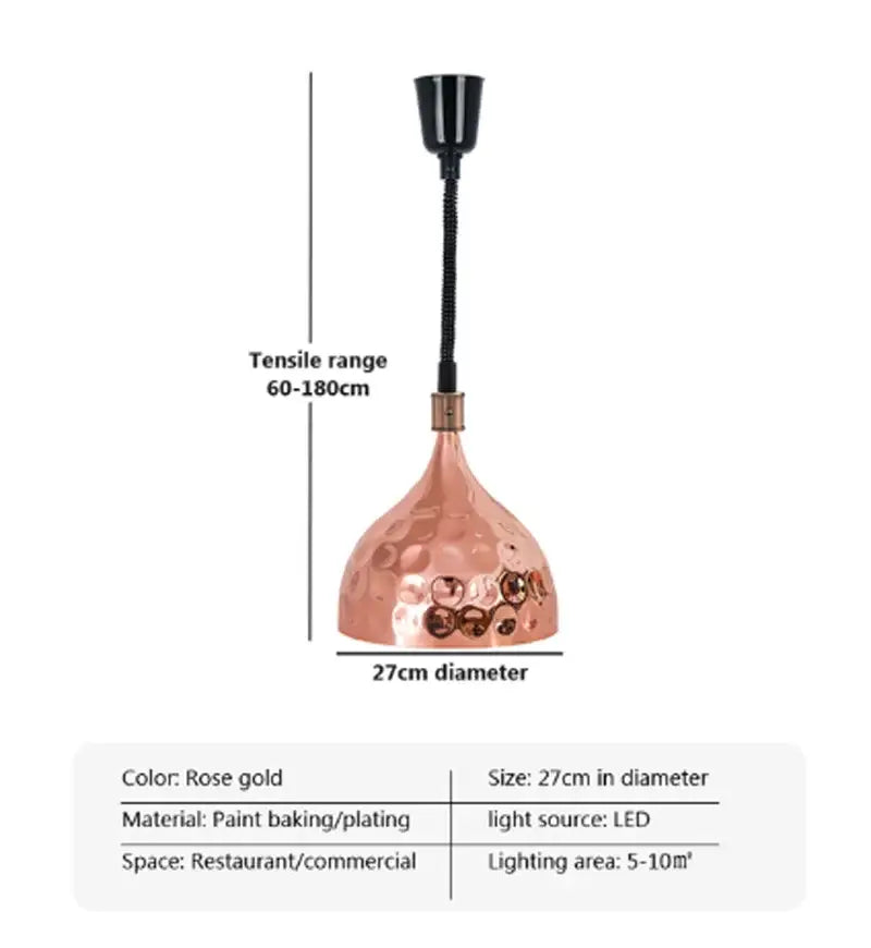 Rose gold hammered copper industrial food heat lamp pendant light with flexible black stem and electric led bulb