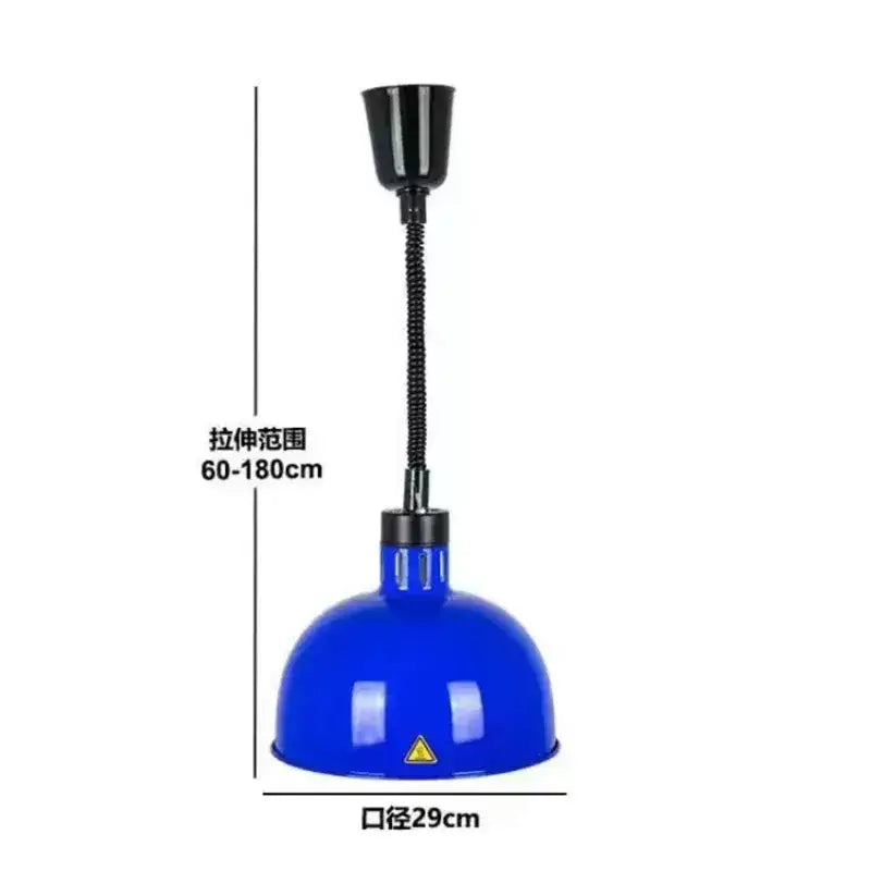 Blue industrial-style electric heat lamp pendant with flexible black gooseneck and adjustable height for kitchen use