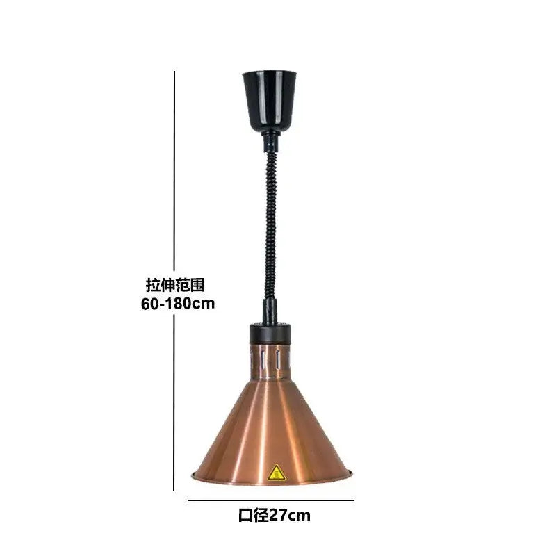 Industrial copper electric heat lamp with conical copper shade black flexible gooseneck and adjustable height electric heat