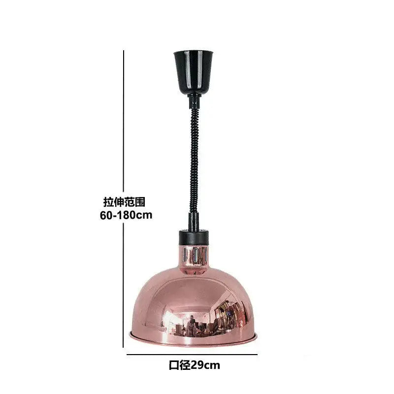 Rose gold dome electric heat lamp with black flexible neck and adjustable height for industrial kitchen use