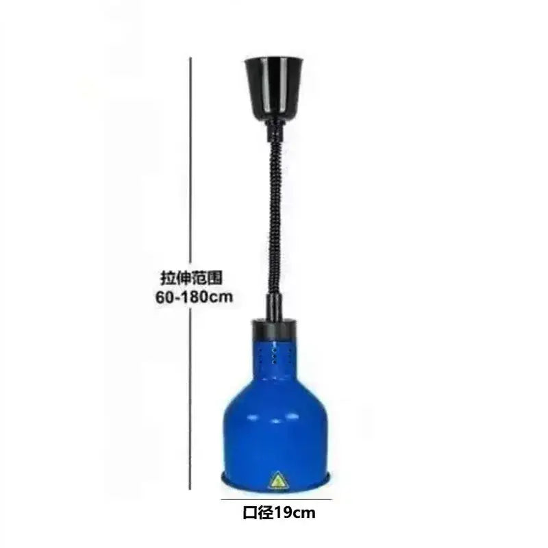 Blue industrial copper electric heat lamp with black flexible gooseneck and adjustable height for kitchen use