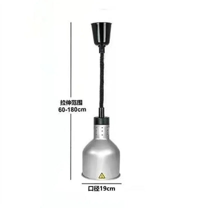 Silver metallic industrial electric heat lamp with black flexible gooseneck and 19cm diameter base for kitchen use
