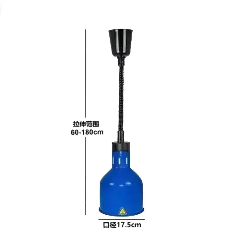 Blue industrial-style electric heat lamp with black flexible gooseneck and adjustable height for kitchen pendant heating