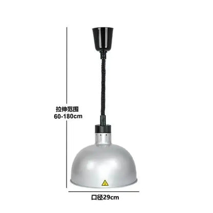 Stainless steel industrial-style electric heat lamp with flexible gooseneck and dome-shaped shade for kitchen use