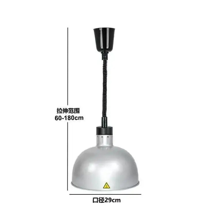 Stainless steel industrial-style electric heat lamp with flexible gooseneck and dome-shaped shade for kitchen use