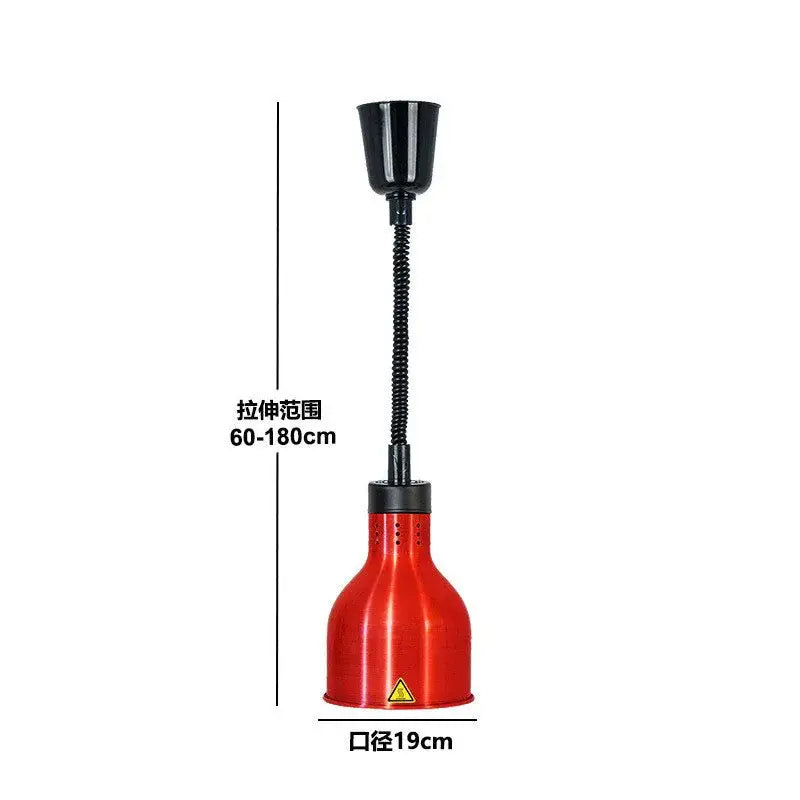 Red glossy metal industrial electric heat lamp with black flexible gooseneck and adjustable height for kitchen use
