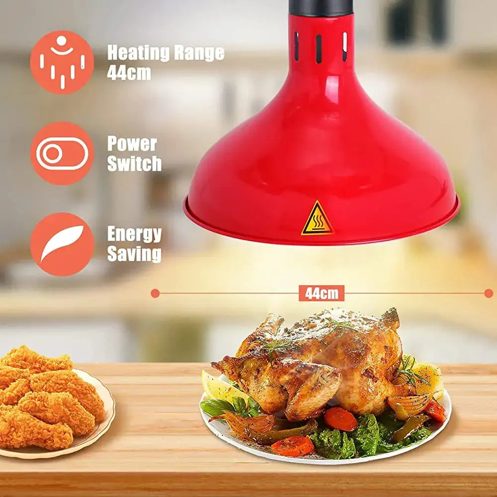 Industrial copper electric heat lamp with red dome and black base designed for cooking and food warming use