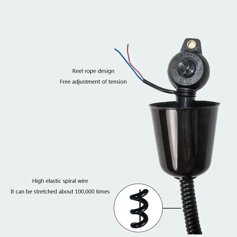 Black plastic fishing lure with spiral wire and reel rope mechanism alongside industrial copper electric heat lamp 5 pack