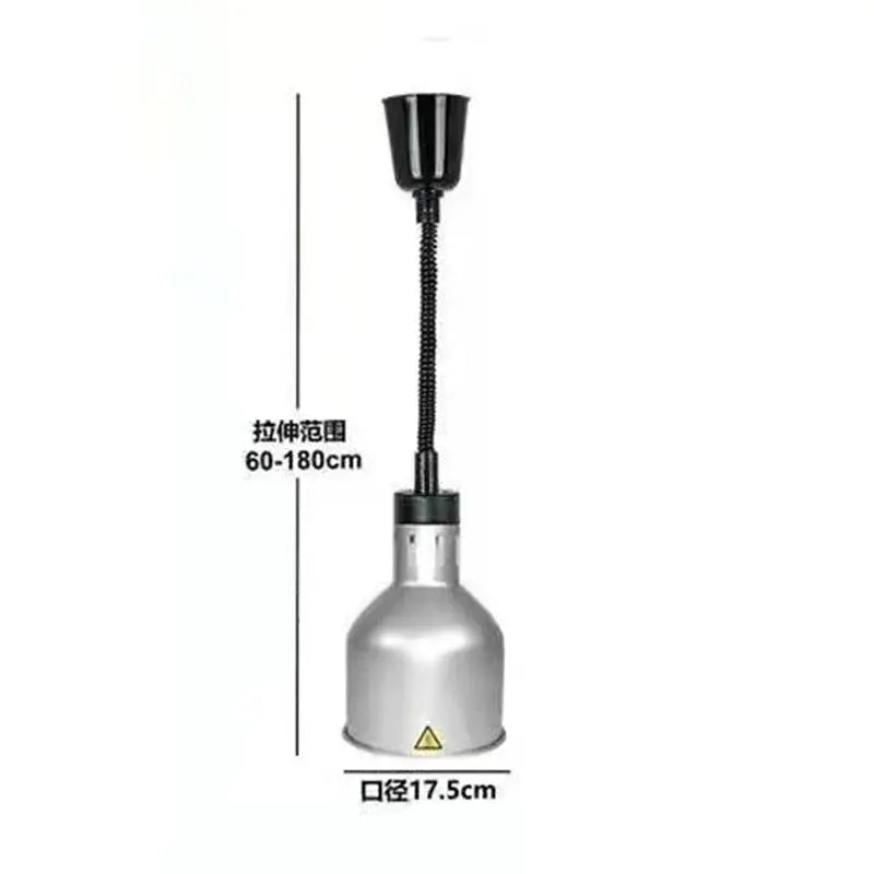 Silver metallic electric heat lamp with black flexible gooseneck and adjustable height for industrial kitchen use