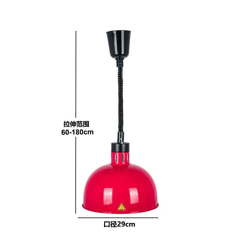 Industrial copper electric heat lamp with red dome, black flexible gooseneck, and adjustable height for kitchen use