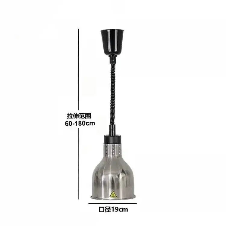 Black and stainless steel adjustable overhead electric heat lamp with flexible gooseneck for industrial kitchen use