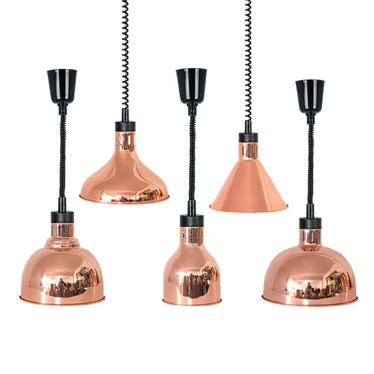 Set of five copper-colored industrial electric heat lamps with black cords and adjustable nozzles for kitchen use