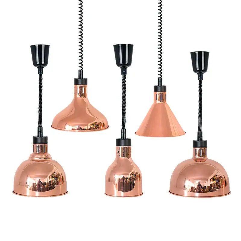 Set of five copper-colored industrial electric heat lamps with black cords and adjustable nozzles for kitchen use