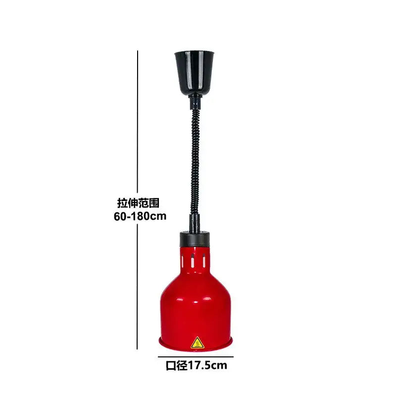 Red industrial copper electric heat lamp with black flexible gooseneck and adjustable height for kitchen use