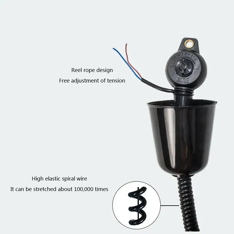 Black plastic fishing reel with spiral wire and adjustable tension mechanism for electric heat lamp pendant light setup