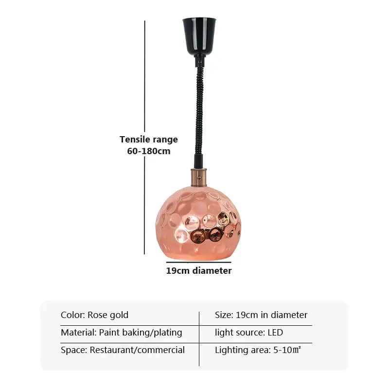 Rose gold hammered globe pendant light with flexible black stem and led bulb in industrial copper electric heat lamp set