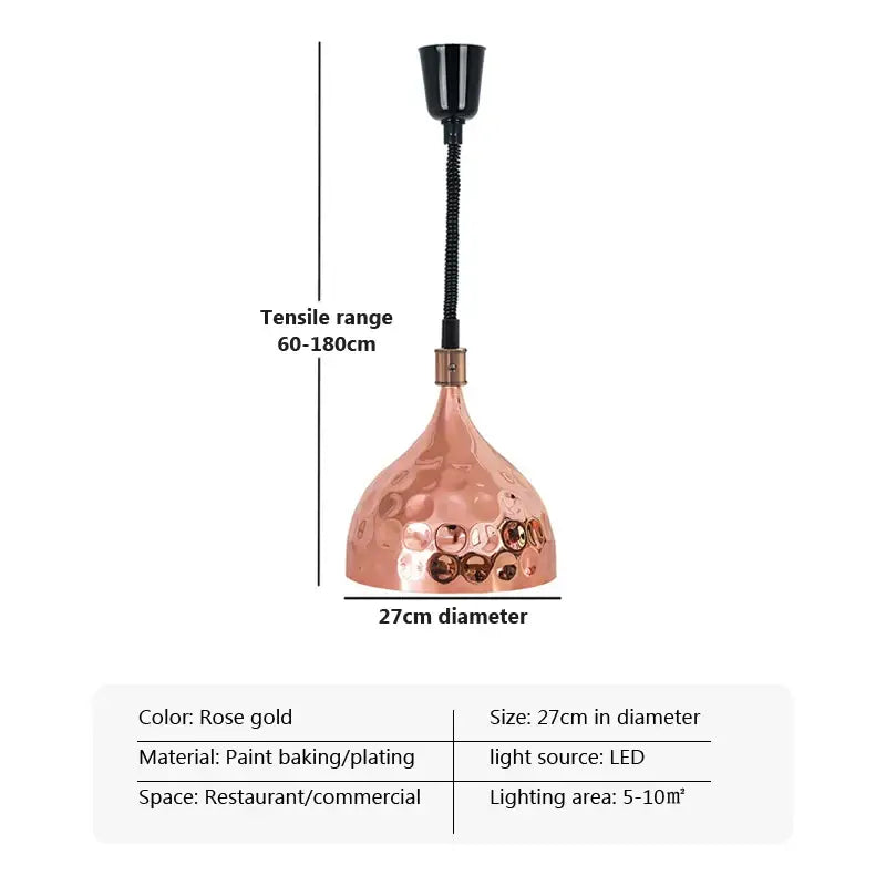 Rose gold hammered pendant light with flexible black cord and led bulb for restaurant electric heat lamp use