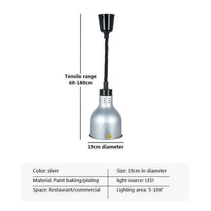 Silver 19cm diameter electric heat lamp with flexible black gooseneck and painted finish for commercial pendant light