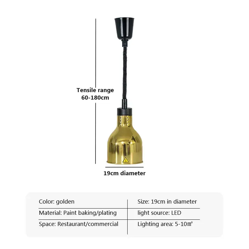 Golden 19cm-diameter industrial copper electric heat lamp with black flexible gooseneck pendant light for dining use