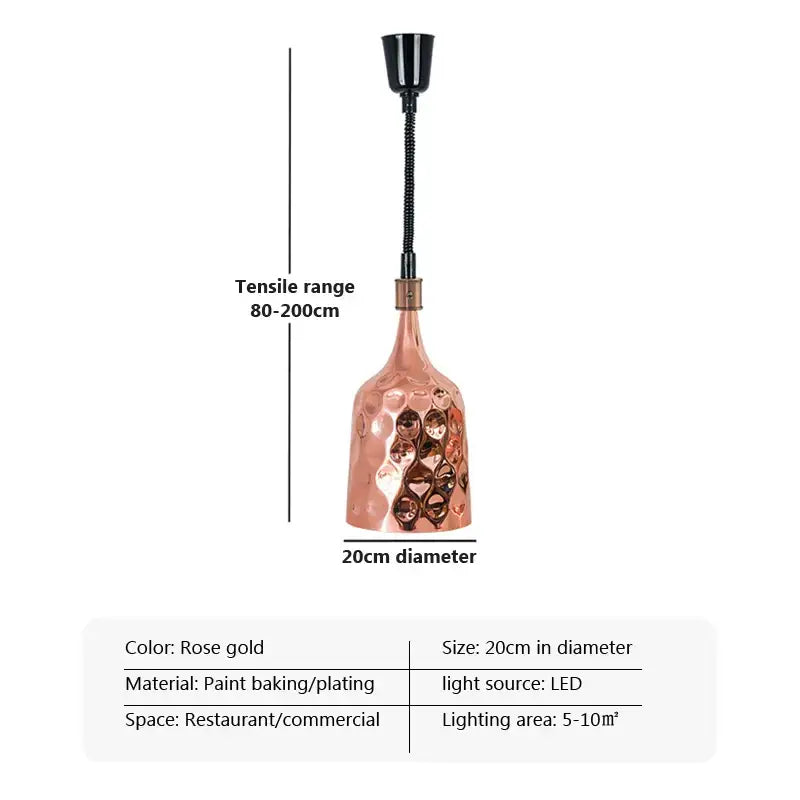 Rose gold hammered copper pendant light with black flexible neck and led bulb for industrial electric heat lamp set