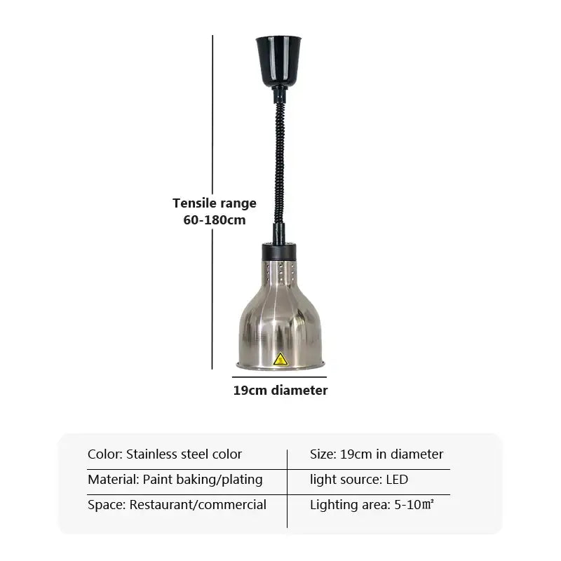 Stainless steel pendant light electric heat lamp with flexible black gooseneck for commercial restaurant use