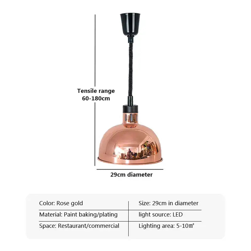 Rose gold copper-plated pendant light with flexible black gooseneck and led bulb for commercial electric heat lamp use