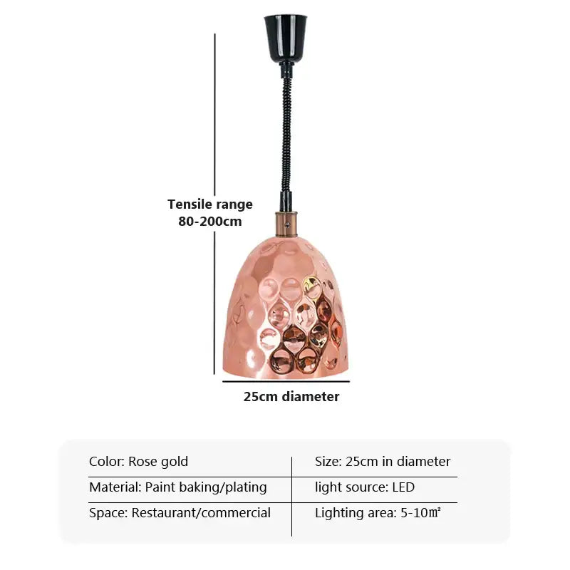 Rose gold hammered dome pendant light with flexible black gooseneck and led bulb for electric heat lamp use in restaurants