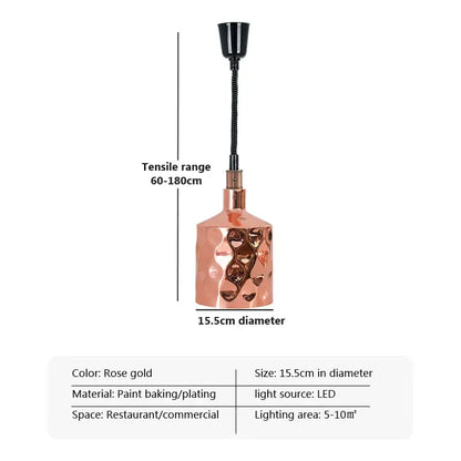 Rose gold hammered finish pendant light with flexible black stem and led bulb in industrial copper electric heat lamp set