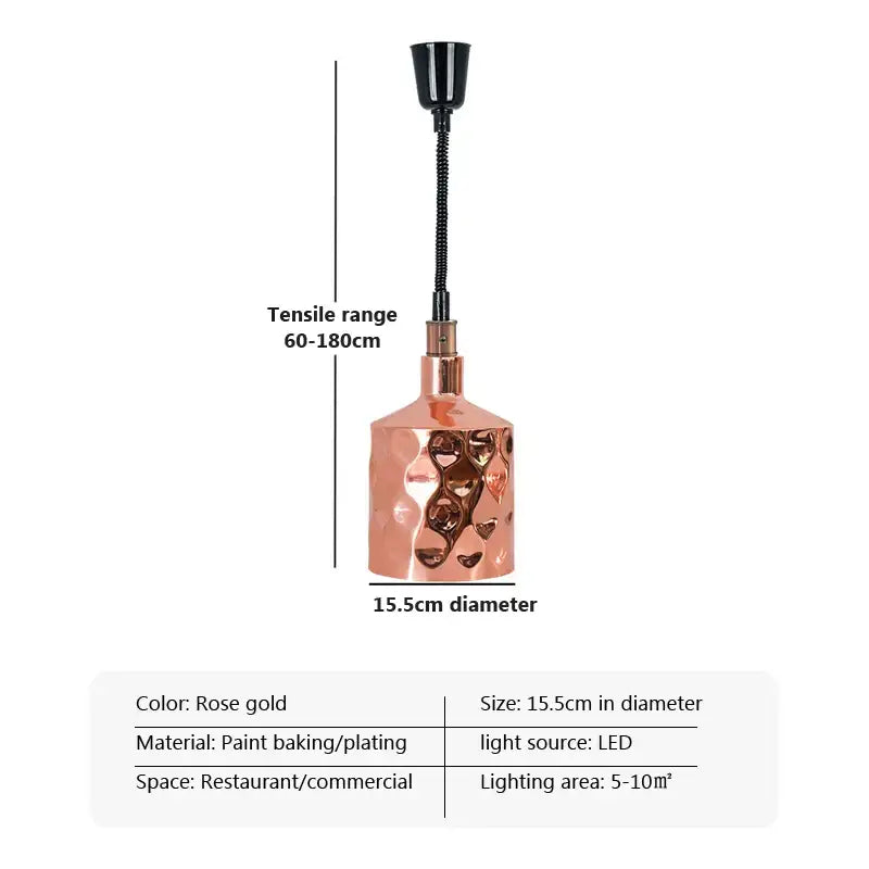 Rose gold hammered finish pendant light with flexible black stem and led bulb in industrial copper electric heat lamp set