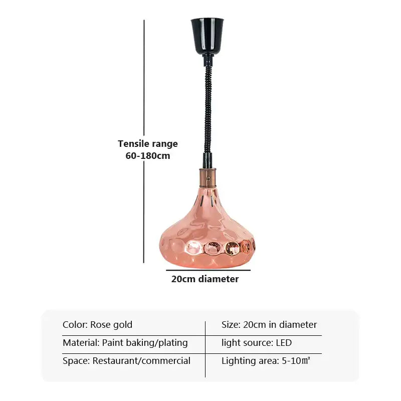 Rose gold pendant light with hammered metallic finish and flexible black gooseneck arm for electric heat lamp use