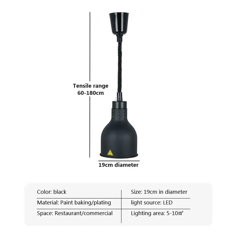 Black 19cm diameter electric telescopic food heat pendant light with flexible gooseneck for commercial use