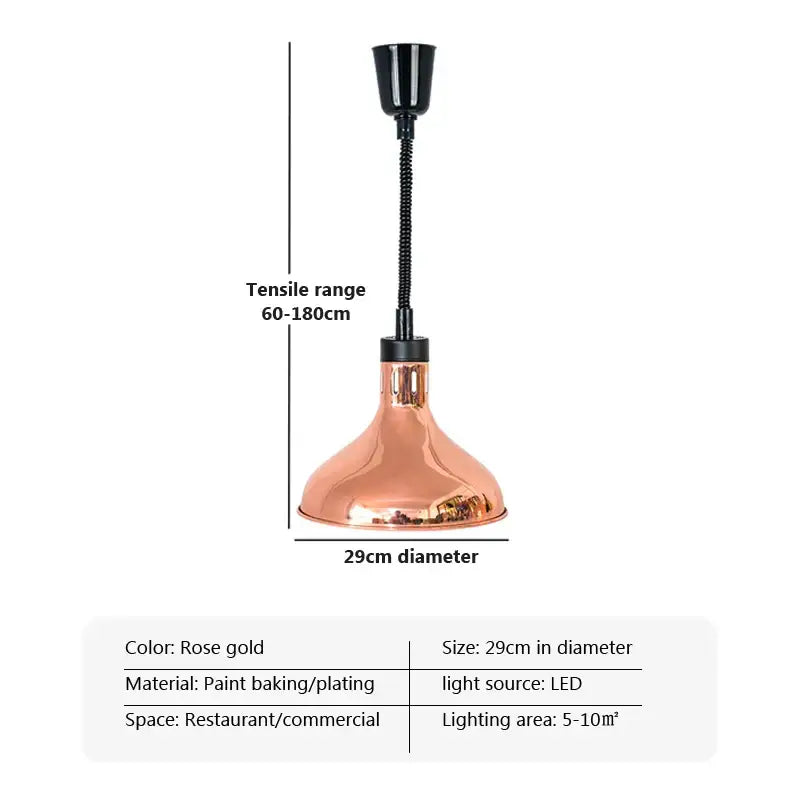 Rose gold copper industrial pendant light with flexible black gooseneck and led bulb for electric telescopic food heat use