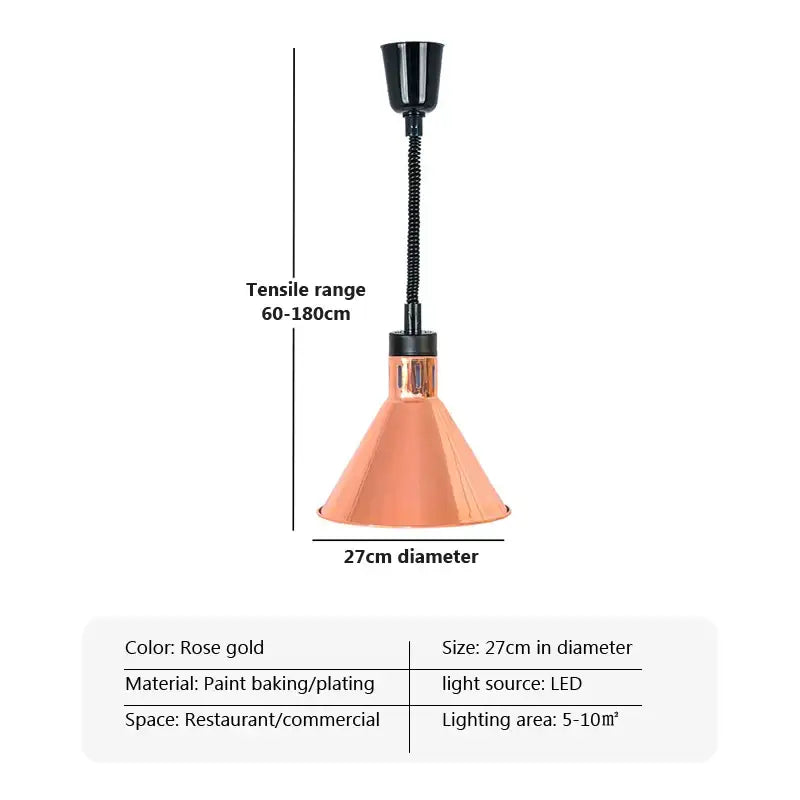 Rose gold copper electric telescopic food heat pendant light with black gooseneck and mounting fixture for commercial use