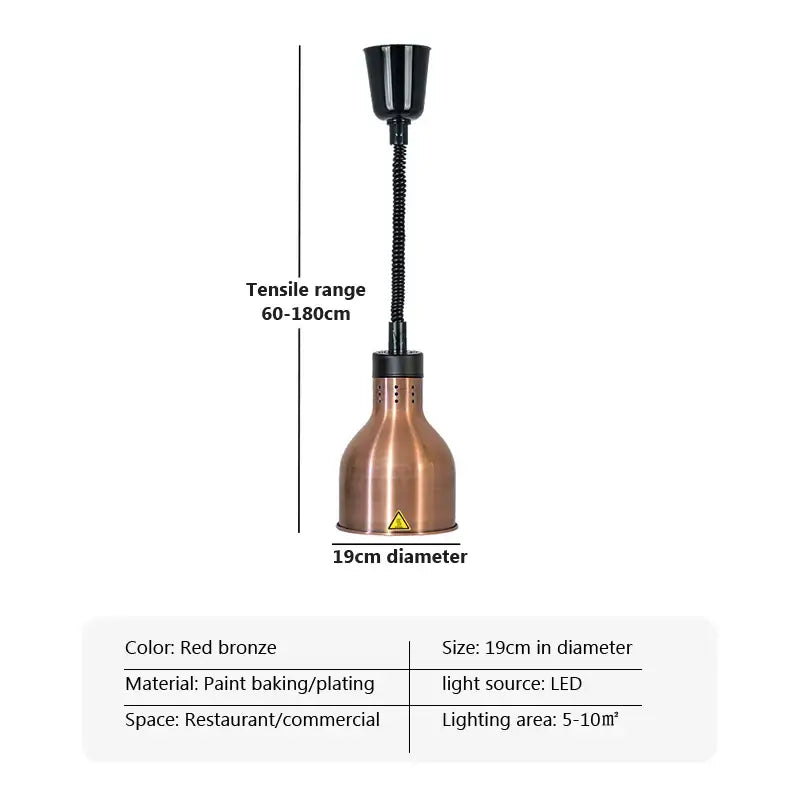 Red bronze copper electric telescopic food heat pendant light with flexible black gooseneck for industrial kitchens