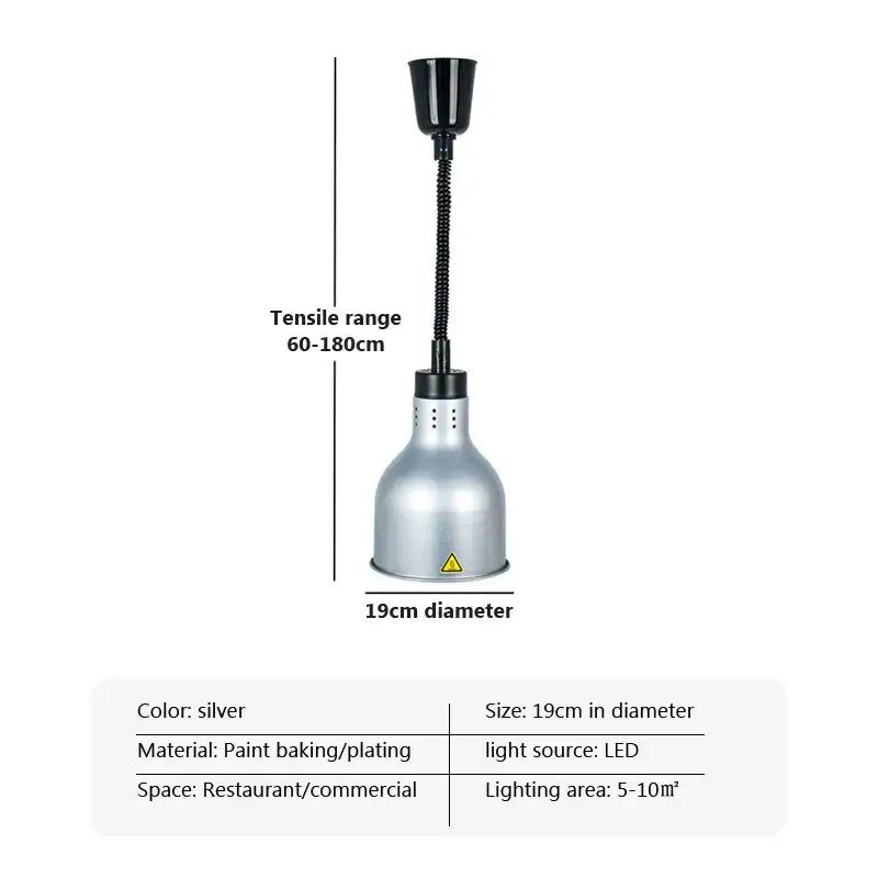 Silver 19cm diameter electric telescopic food heat pendant light with flexible black gooseneck and painted finish