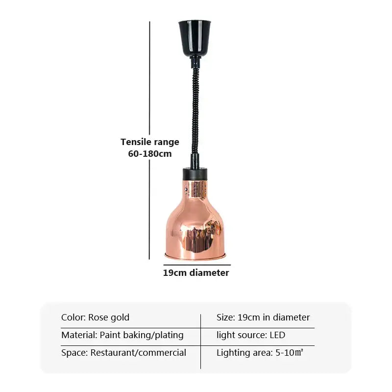 Rose gold painted industrial copper electric telescopic food heat pendant light with flexible black gooseneck and led