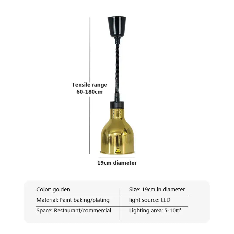 Golden paint-baking metal pendant light with flexible black gooseneck and led electric telescopic food heat source