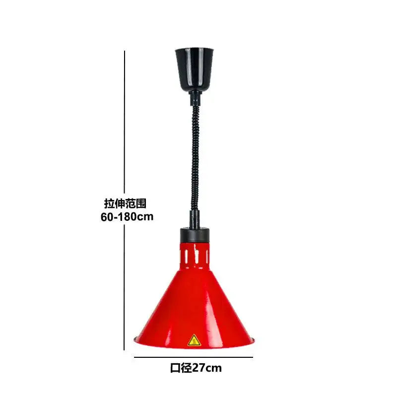 Red conical industrial copper electric telescopic heat lamp pendant light with black flexible gooseneck and adjustable height